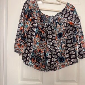 Source Unknown Black and Orange Graphic Tie Front Blouse